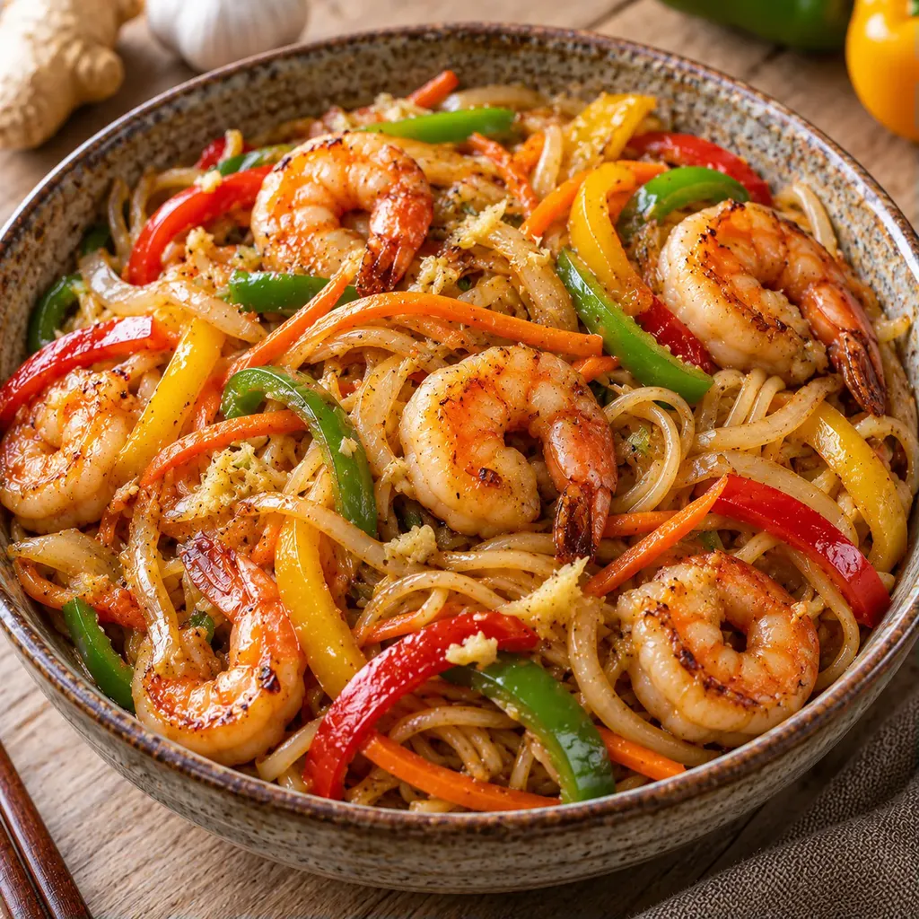Crevettes sautées nouilles