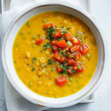 Un bol de velouté aux pois jaunes garni de tomates et persil.