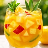 Verre de cocktail Tropical avec morceaux d'ananas et herbes fraîches.