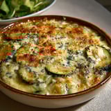 Courgettes gratinées au Bleu d’Auvergne joliment servies sur un plat.