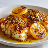 Filets de poisson au glaçage miel-moutarde et citrons grillés.