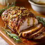 Porc rôti avec des herbes fraîches et une sauce miel/moutarde accompagné de légumes dorés.