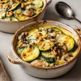 Cassolettes aux courgettes et champignons gratinés avec pignons.