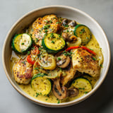 Un plat gourmand avec courgettes, champignons et poulet servi dans un bol.