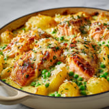 Bol en verre avec du saumon gratiné au lait de coco et curry.