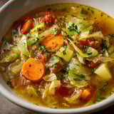 Bol de soupe légère au chou, carotte, tomate et oignon.