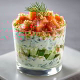 Un verre gourmand avec saumon fumé, concombre et crème aneth.