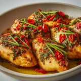 Assiette de poulet aux saveurs épicées, servie avec des herbes fraîches et du riz sur une jolie table.