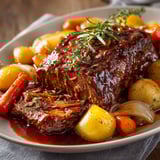 Plat gourmand de bœuf braisé au vin rouge accompagné de carottes et pommes de terre.
