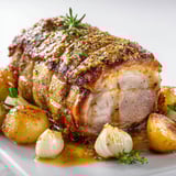 Porc garni de moutarde, pommes de terre et céleri, nappé de jus savoureux, présenté sur un plat.