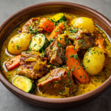 Un savoureux colombo de porc accompagné de légumes, parfumé d'épices et d'herbes fraîches.