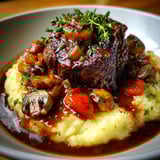 Bœuf confit avec champignons dorés et purée maison onctueuse, décoré d'herbes fraîches.