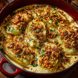 Des poireaux fondants recouverts de fromage fondu.