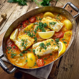 Un riche bouillon de morue servi dans une casserole avec des légumes.