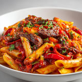 Plat de pâtes délicieuses avec steak et poivrons sur une table blanche.