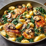 Poulet servi avec gnocchis moelleux et kale sous une sauce aux champignons riche et crémeuse.