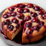 Une tranche de moelleux aux cerises nappée de sirop de verveine sur un plat.