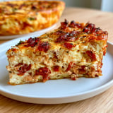 Un morceau de flan moelleux tomate et thon servi sur une assiette blanche.