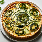 Plat de tarte aux courgettes et basilic présenté joliment sur un plat.