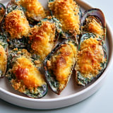 Coquillages gratinés au gruyère doré.