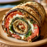Un plat garni de rouleaux d’aubergines à l'italienne avec fromage fondu, tomates et herbes.